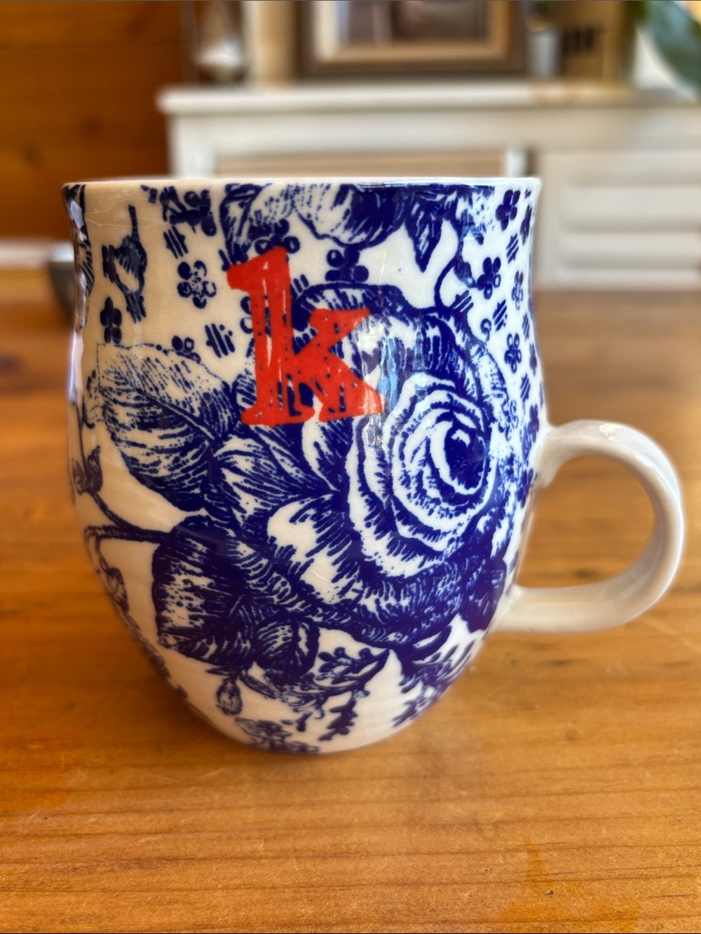 Blue Floral Anthropologie Ceramic Mug with Red Monogram K